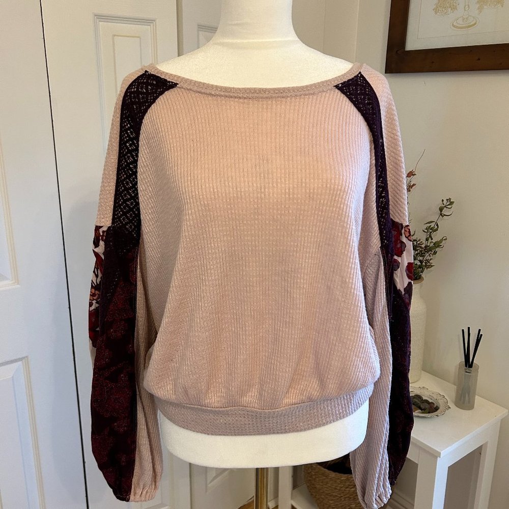 Free People Pink Thermal w/ Balloon Floral Sleeve Top